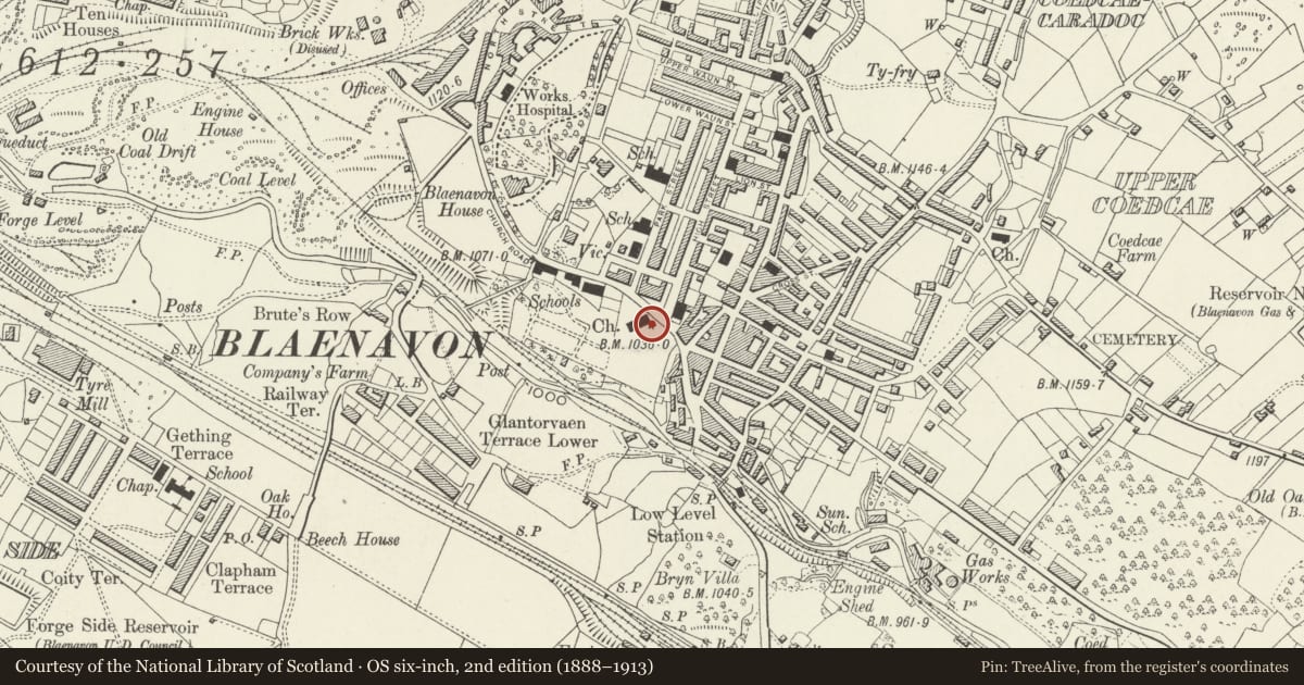 Ordnance Survey six-inch map, 2nd edition (1888–1913) covering the location of Group of Five Tombs in the Churchyard to south of St Peter's Church, Blaenavon, Torfaen, with a pin at the register's coordinates