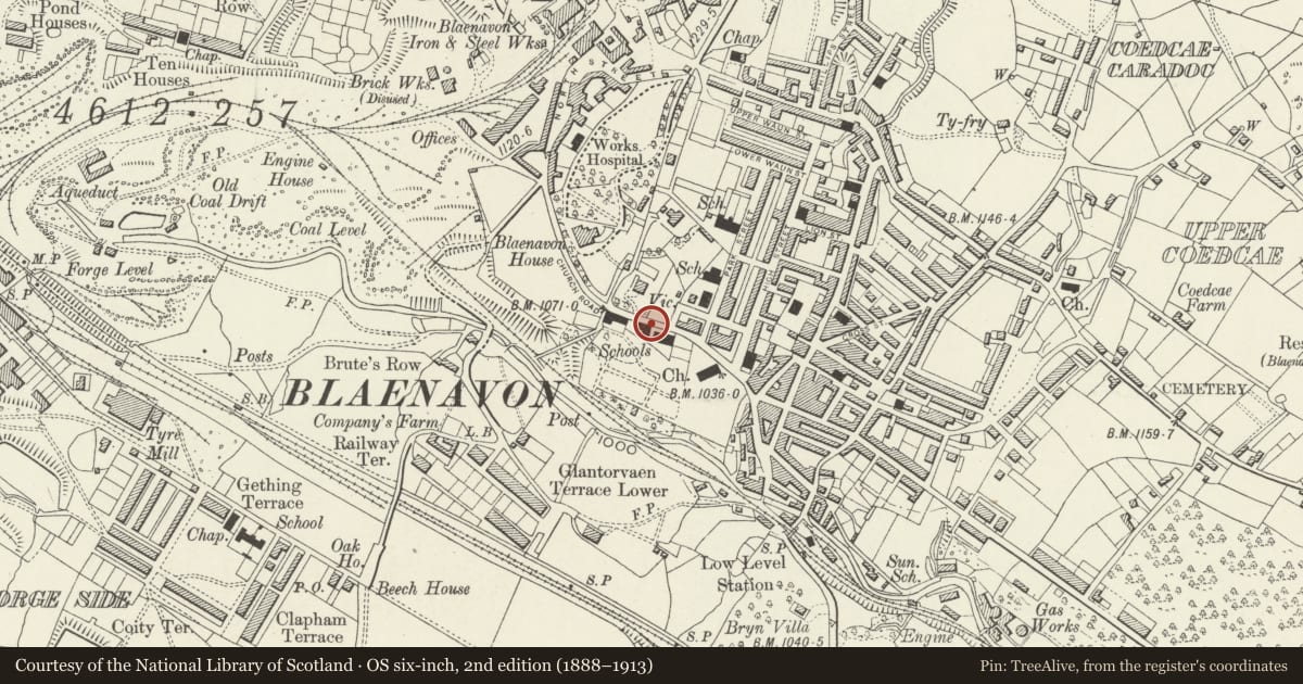 Ordnance Survey six-inch map, 2nd edition (1888–1913) covering the location of Former St Peter's Infants School, Blaenavon, Torfaen, with a pin at the register's coordinates