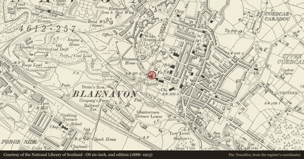 Ordnance Survey six-inch map, 2nd edition (1888–1913) covering the location of Former St Peter's Boys' School (now Ramfield Study Centre), Blaenavon, Torfaen, with a pin at the register's coordinates