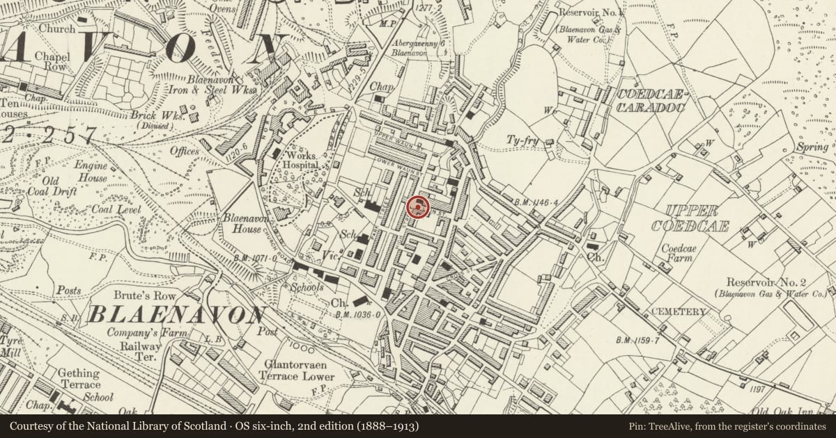 Ordnance Survey six-inch map, 2nd edition (1888–1913) covering the location of Council Offices (Municipal Offices), Blaenavon, Torfaen, with a pin at the register's coordinates
