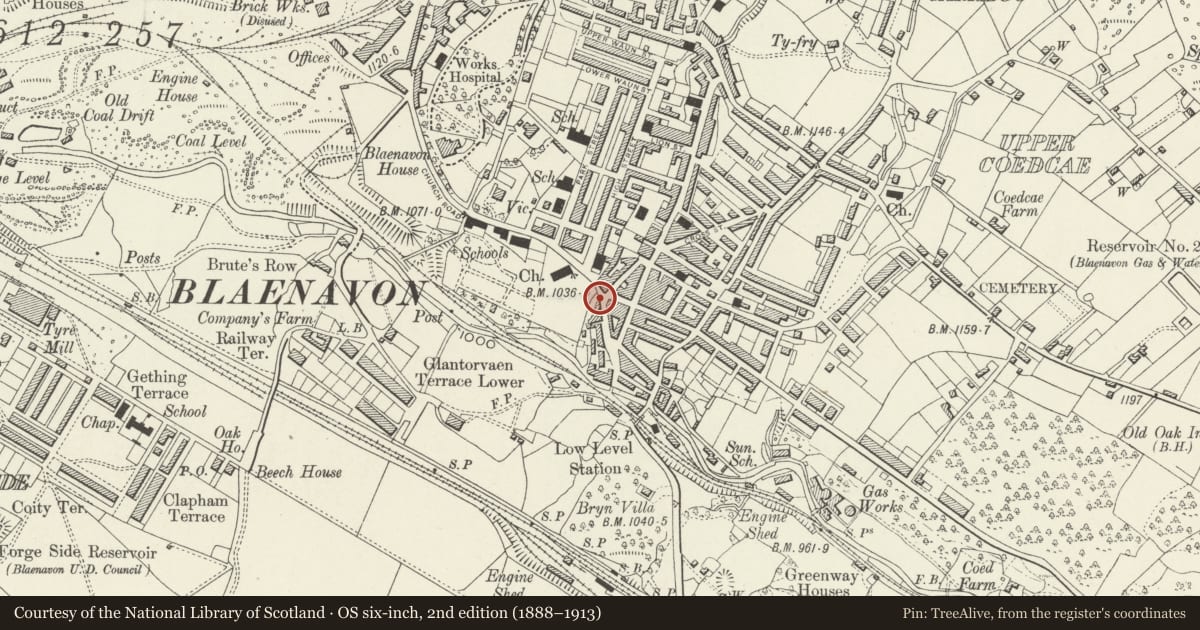 Ordnance Survey six-inch map, 2nd edition (1888–1913) covering the location of Post Office, Blaenavon, Torfaen, with a pin at the register's coordinates