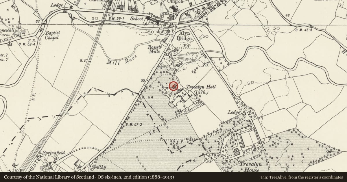 Ordnance Survey six-inch map, 2nd edition (1888–1913) covering the location of Trevalyn Hall (including former lodge), Rossett, Wrexham, with a pin at the register's coordinates