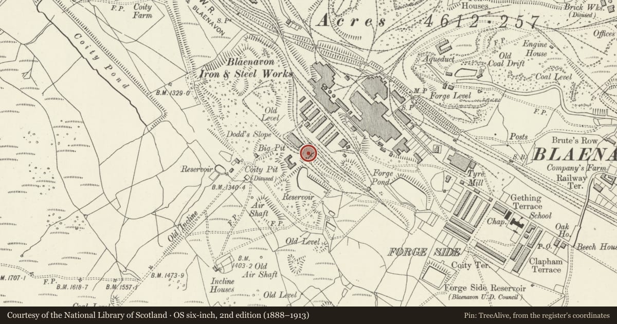 Ordnance Survey six-inch map, 2nd edition (1888–1913) covering the location of Pit Head Building, Headframe and Tram Circuit, Blaenavon, Torfaen, with a pin at the register's coordinates
