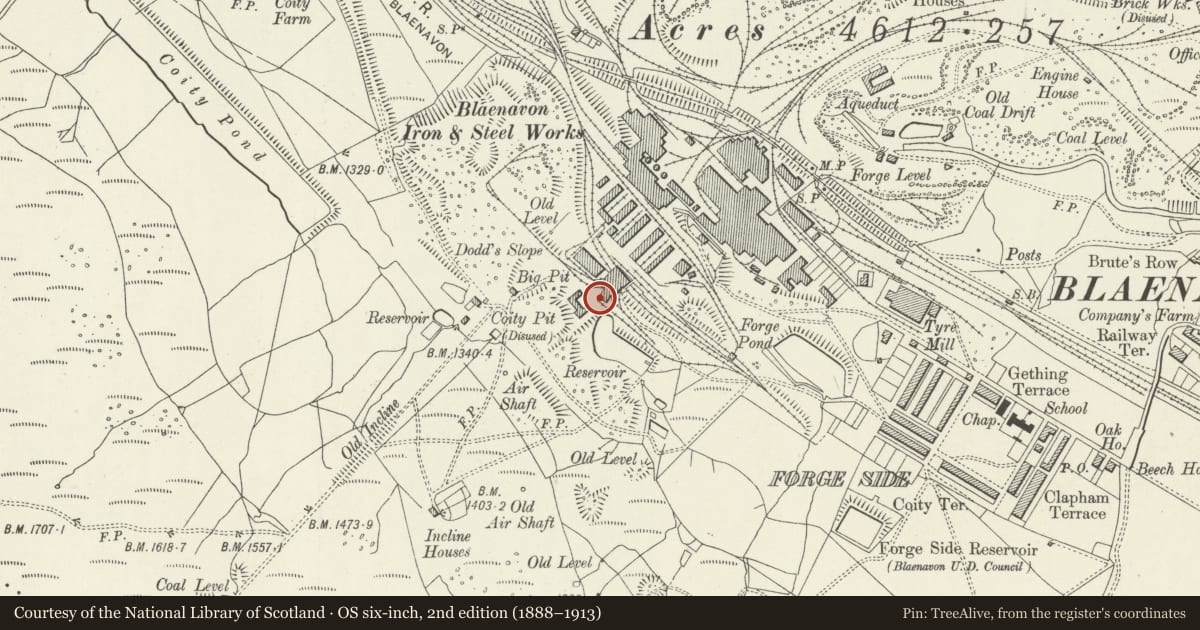 Ordnance Survey six-inch map, 2nd edition (1888–1913) covering the location of Winding Engine House, Blaenavon, Torfaen, with a pin at the register's coordinates