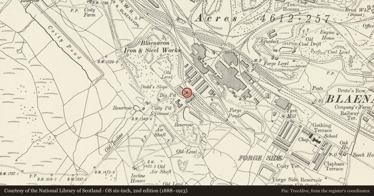 Ordnance Survey six-inch map, 2nd edition (1888–1913) covering the location of Deputies Lodge, Blaenavon, Torfaen, with a pin at the register's coordinates