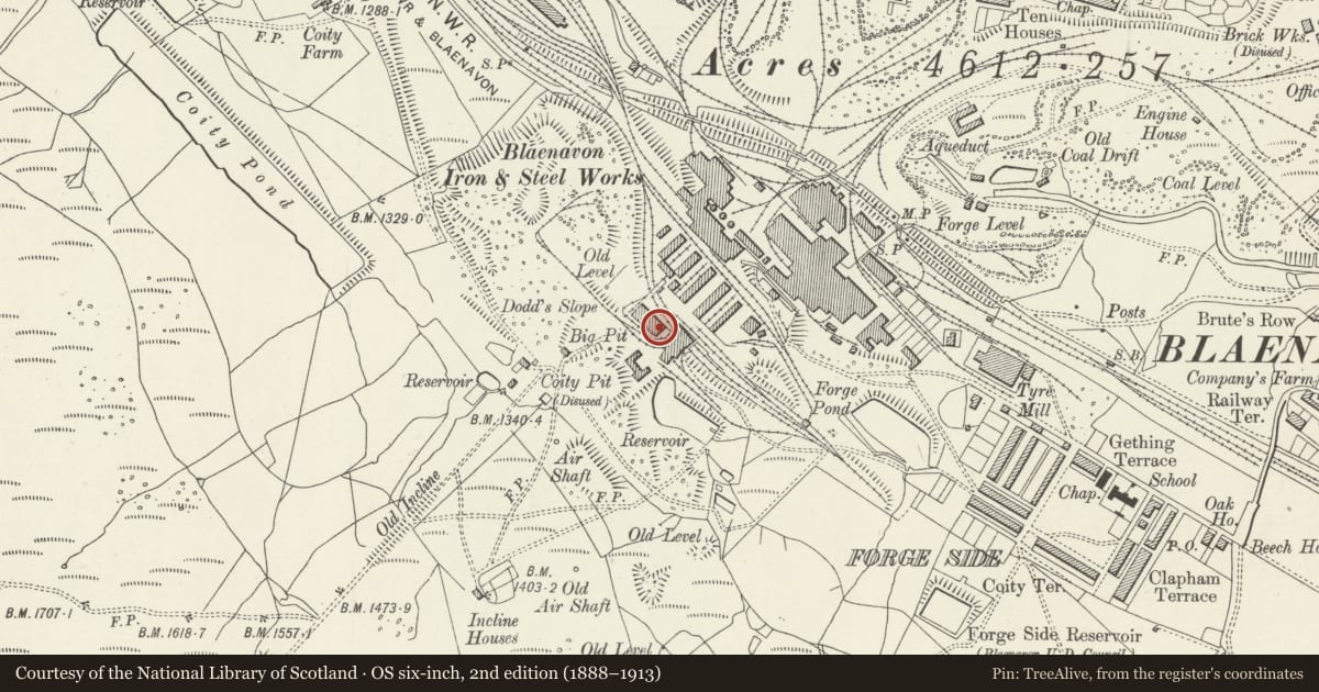 Ordnance Survey six-inch map, 2nd edition (1888–1913) covering the location of Office, Blaenavon, Torfaen, with a pin at the register's coordinates