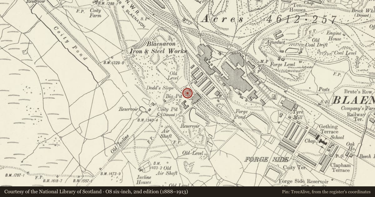 Ordnance Survey six-inch map, 2nd edition (1888–1913) covering the location of Electrical Workshop, Blaenavon, Torfaen, with a pin at the register's coordinates