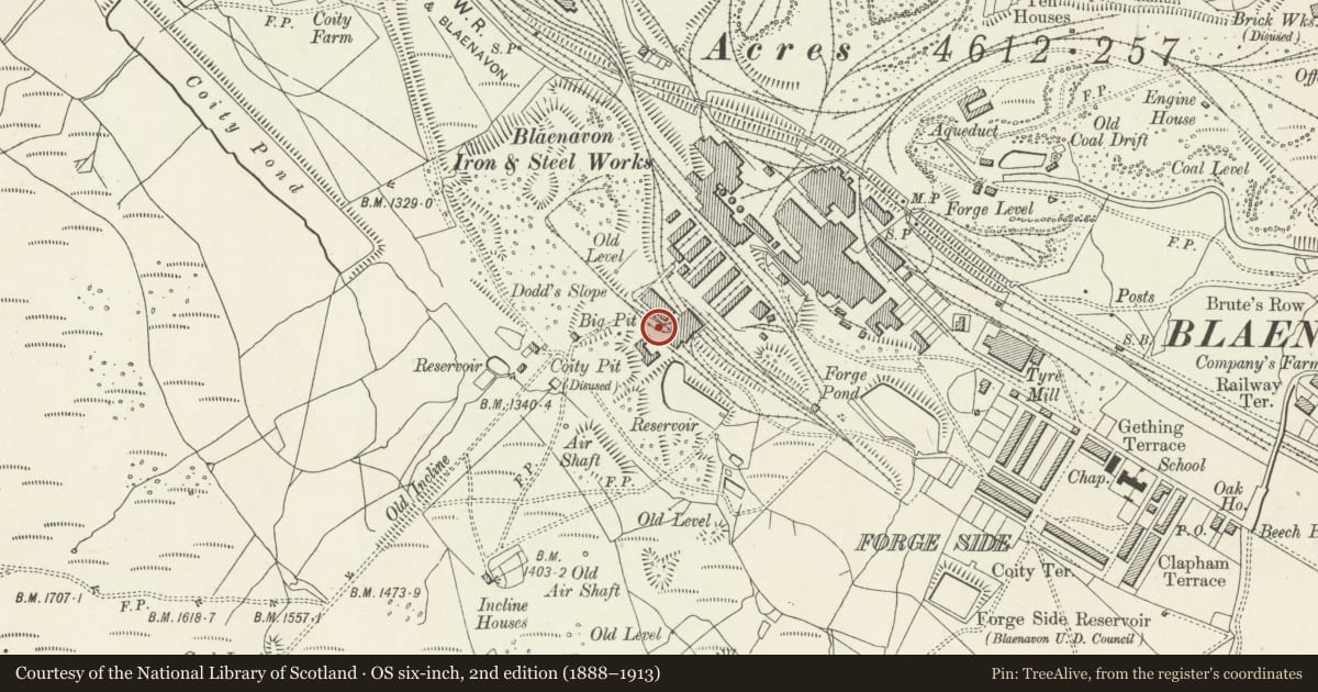 Ordnance Survey six-inch map, 2nd edition (1888–1913) covering the location of Haulage Engine and Pitman's Cabin, Blaenavon, Torfaen, with a pin at the register's coordinates