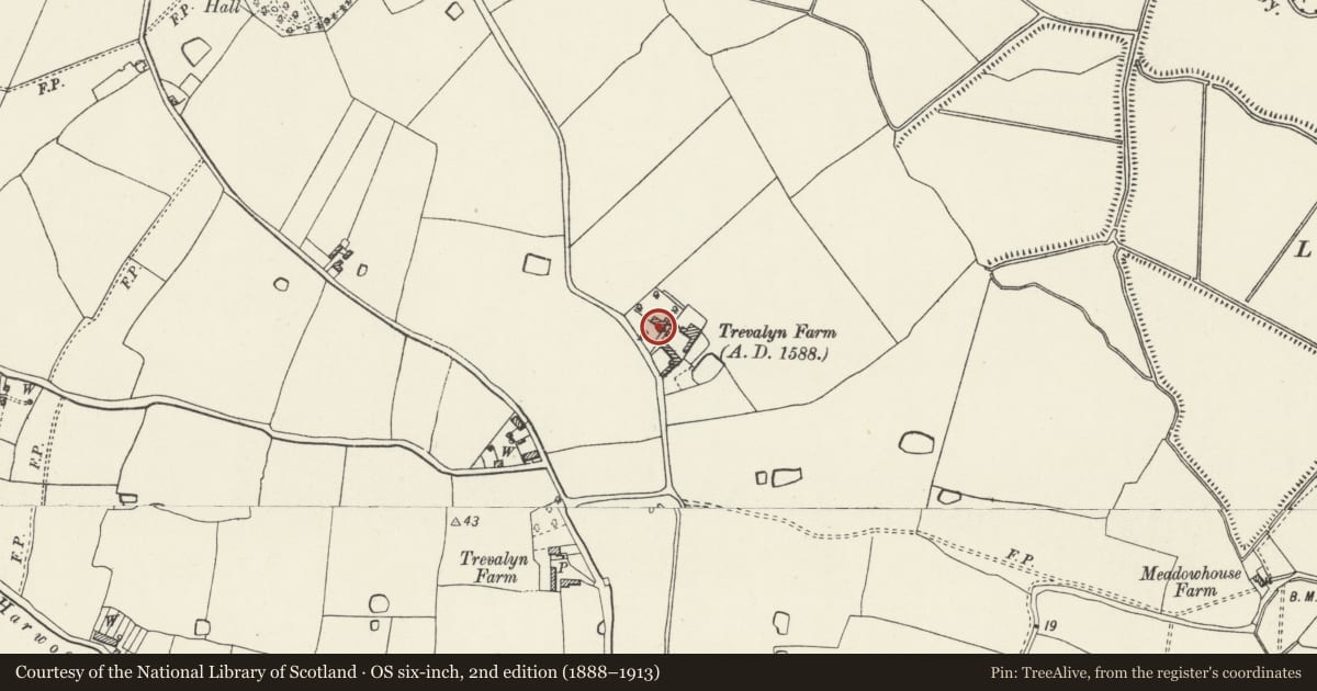 Ordnance Survey six-inch map, 2nd edition (1888–1913) covering the location of Trevalyn Farmhouse, Rossett, Wrexham, with a pin at the register's coordinates