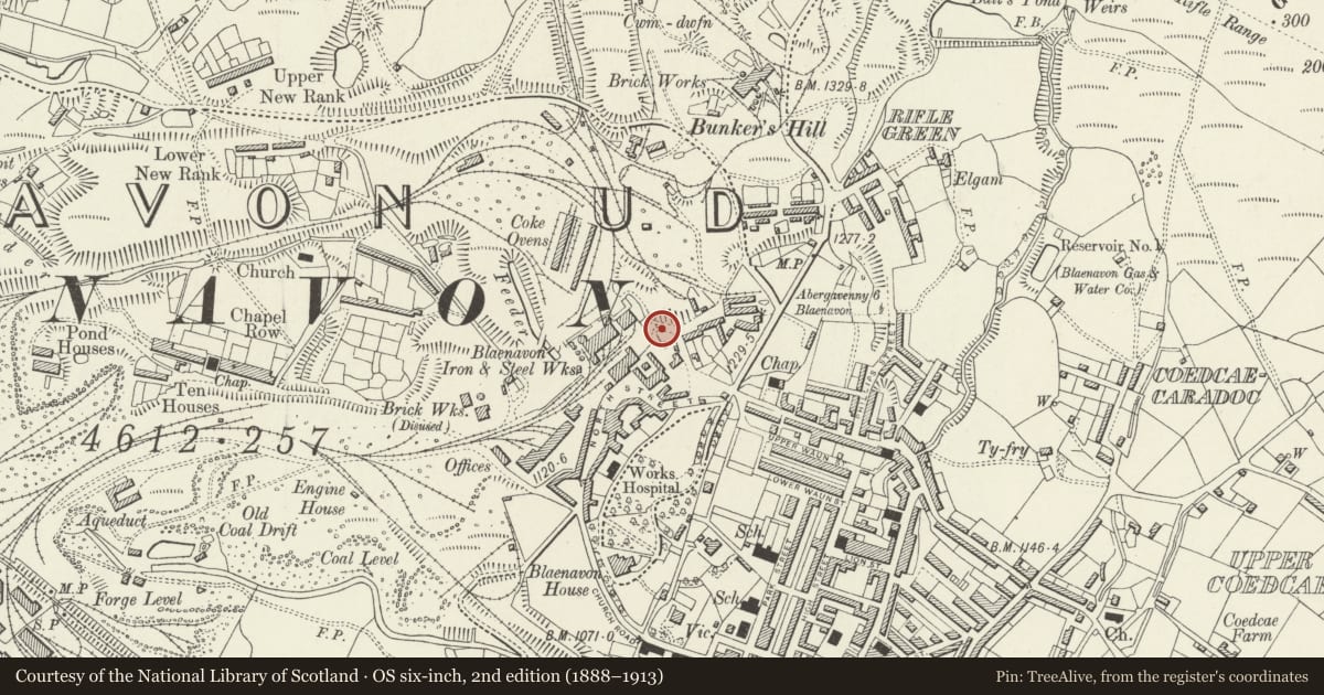 Ordnance Survey six-inch map, 2nd edition (1888–1913) covering the location of Chain Store, Blaenavon, Torfaen, with a pin at the register's coordinates