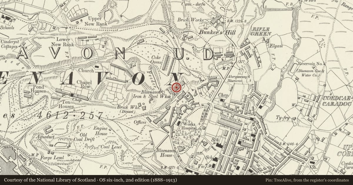 Ordnance Survey six-inch map, 2nd edition (1888–1913) covering the location of Cast House and Foundry, Blaenavon, Torfaen, with a pin at the register's coordinates