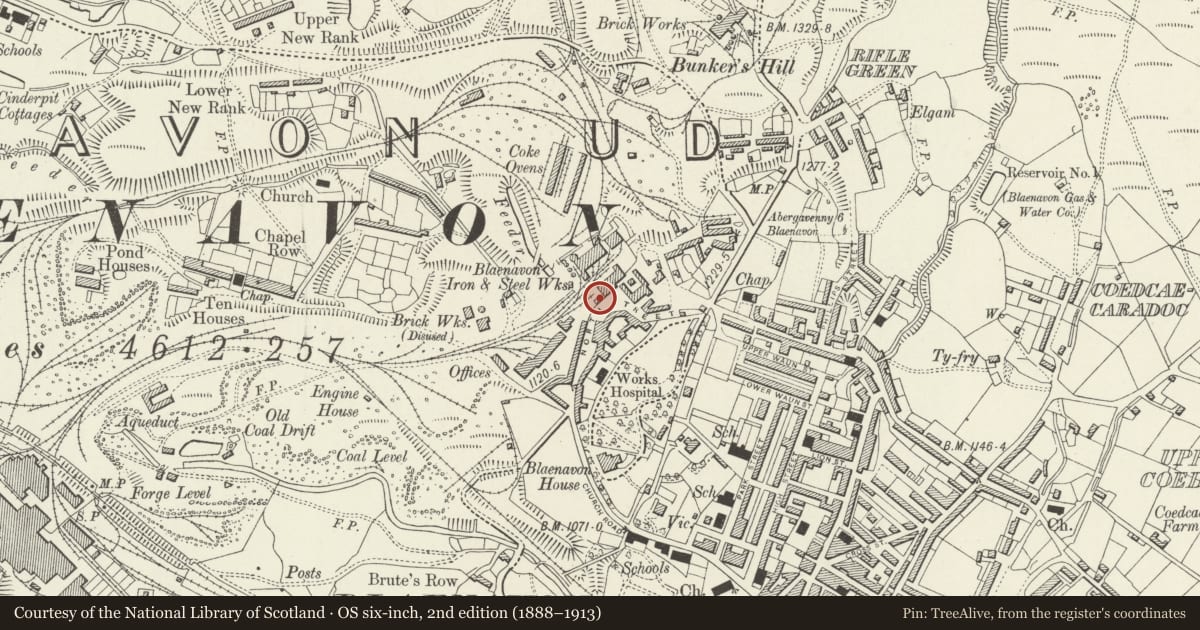 Ordnance Survey six-inch map, 2nd edition (1888–1913) covering the location of Pay Office, Blaenavon, Torfaen, with a pin at the register's coordinates