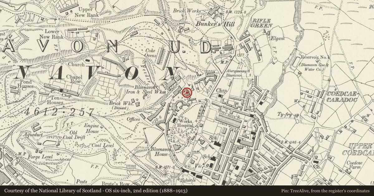 Ordnance Survey six-inch map, 2nd edition (1888–1913) covering the location of Stack Square, Blaenavon, Torfaen, with a pin at the register's coordinates