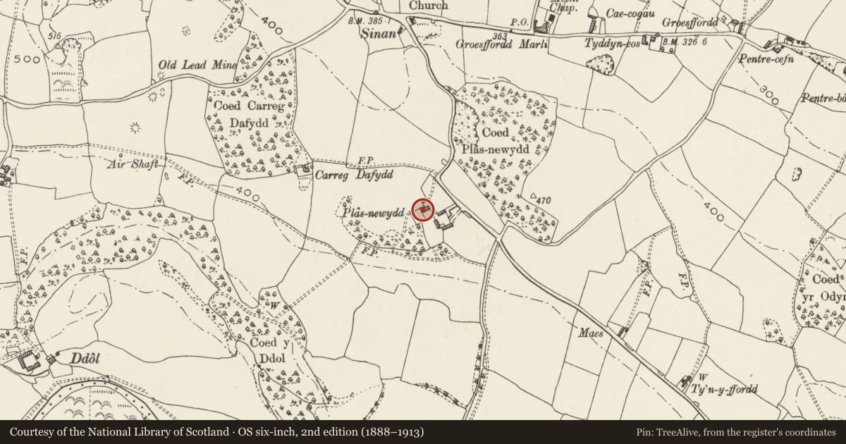 Ordnance Survey six-inch map, 2nd edition (1888–1913) covering the location of Plas Newydd, Cefnmeiriadog, Denbighshire, with a pin at the register's coordinates