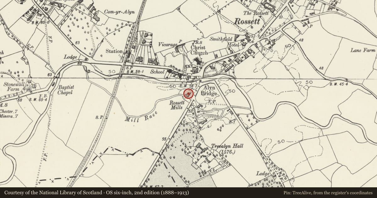 Ordnance Survey six-inch map, 2nd edition (1888–1913) covering the location of Rossett Mill, Wrexham, with a pin at the register's coordinates