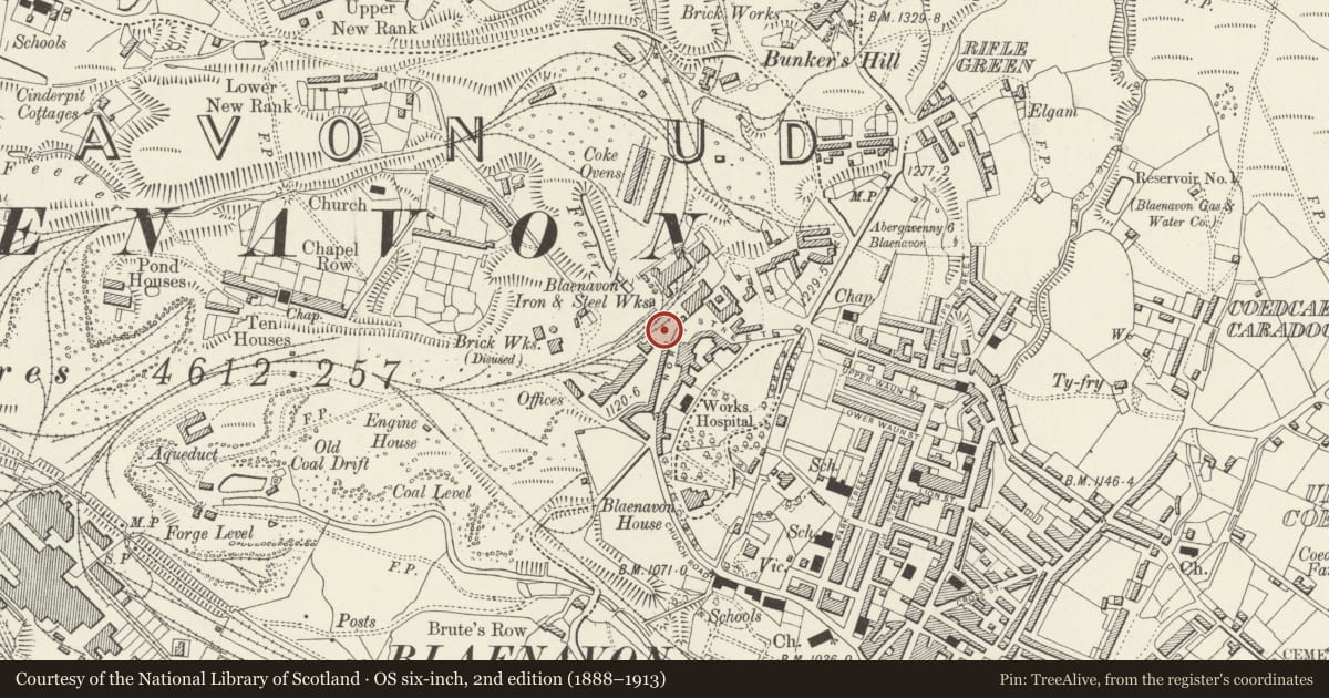 Ordnance Survey six-inch map, 2nd edition (1888–1913) covering the location of Gilchrist Memorial, Blaenavon, Torfaen, with a pin at the register's coordinates