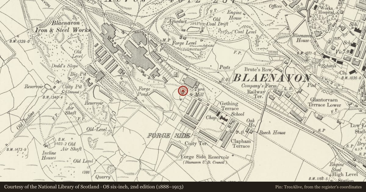 Ordnance Survey six-inch map, 2nd edition (1888–1913) covering the location of Coity House (Doncasters Ltd), Blaenavon, Torfaen, with a pin at the register's coordinates