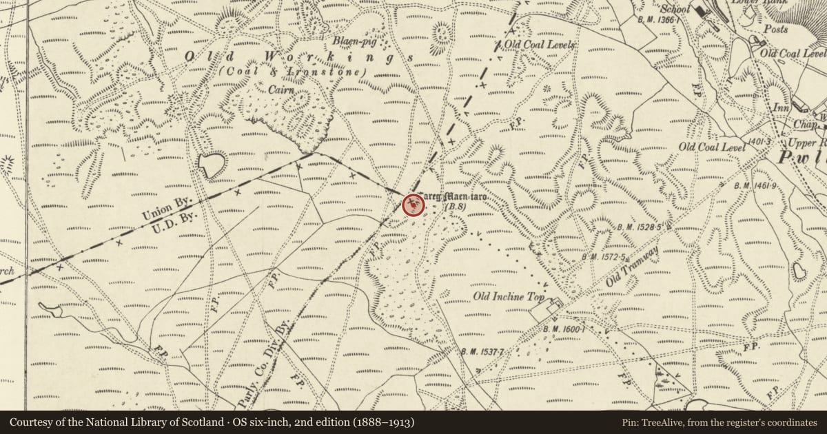 Ordnance Survey six-inch map, 2nd edition (1888–1913) covering the location of Carreg Maen Taro, Blaenavon, Torfaen, with a pin at the register's coordinates