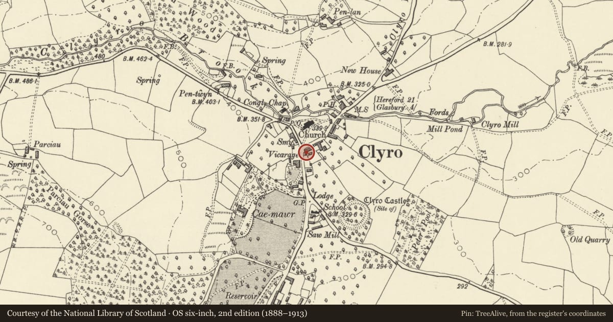 Ordnance Survey six-inch map, 2nd edition (1888–1913) covering the location of Stock House, Clyro, Powys, with a pin at the register's coordinates