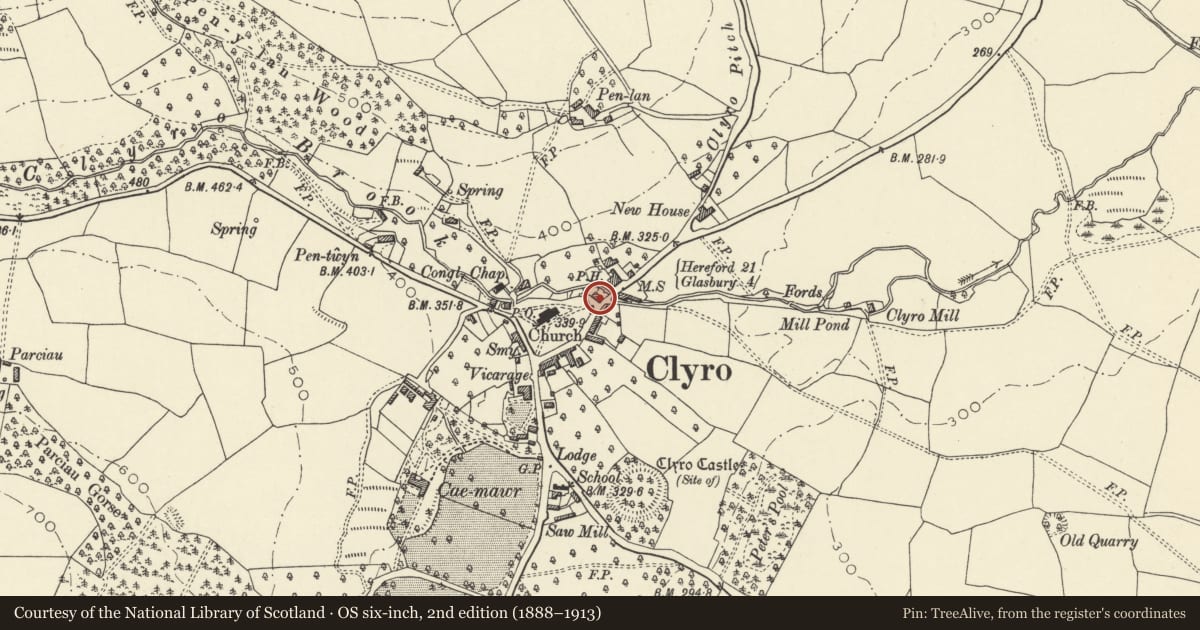 Ordnance Survey six-inch map, 2nd edition (1888–1913) covering the location of 16 The Village, Clyro, Powys, with a pin at the register's coordinates