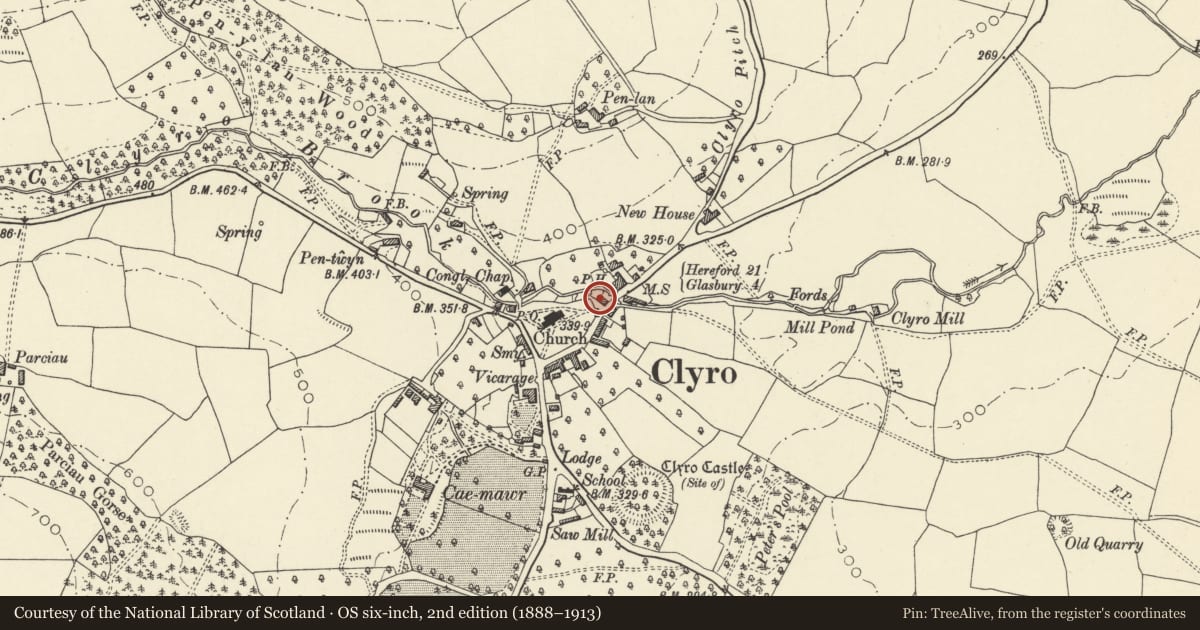 Ordnance Survey six-inch map, 2nd edition (1888–1913) covering the location of 17 The Village, Clyro, Powys, with a pin at the register's coordinates