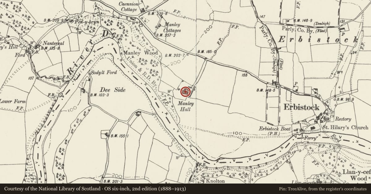 Ordnance Survey six-inch map, 2nd edition (1888–1913) covering the location of Manley Hall, Erbistock, Wrexham, with a pin at the register's coordinates