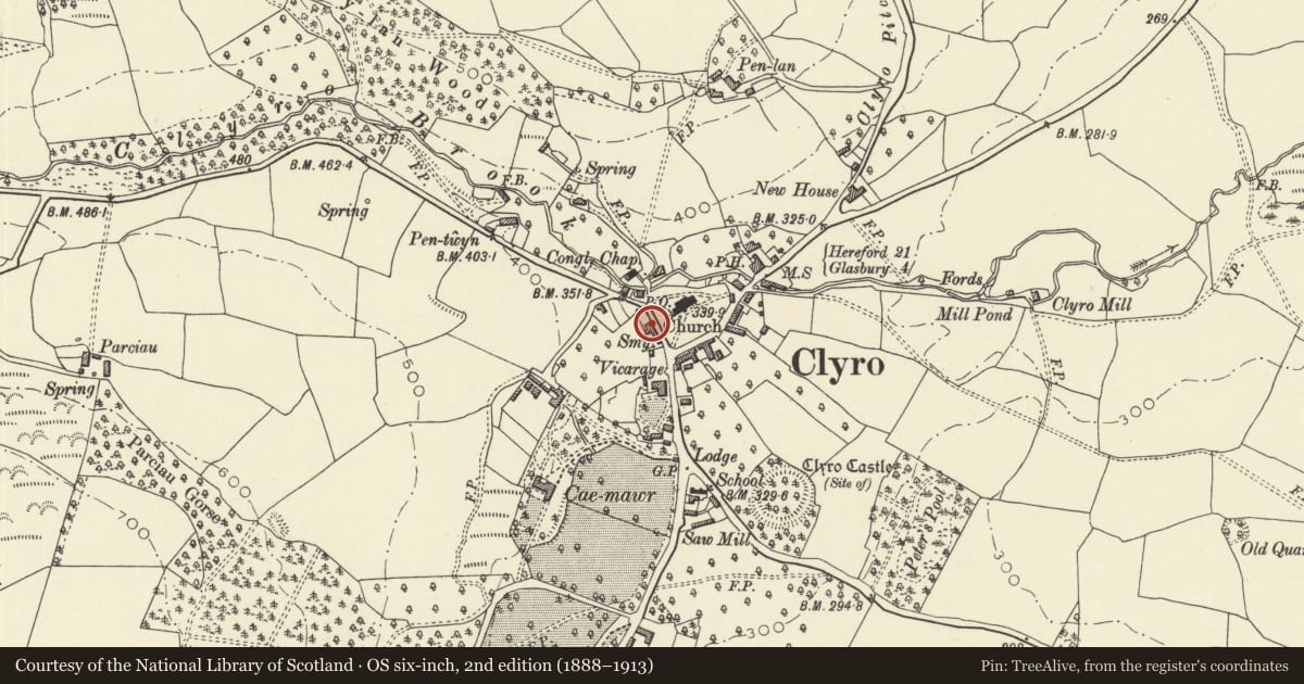 Ordnance Survey six-inch map, 2nd edition (1888–1913) covering the location of 21 The Village, Clyro, Powys, with a pin at the register's coordinates
