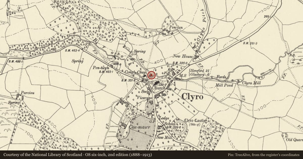 Ordnance Survey six-inch map, 2nd edition (1888–1913) covering the location of 26 The Village, Clyro, Powys, with a pin at the register's coordinates
