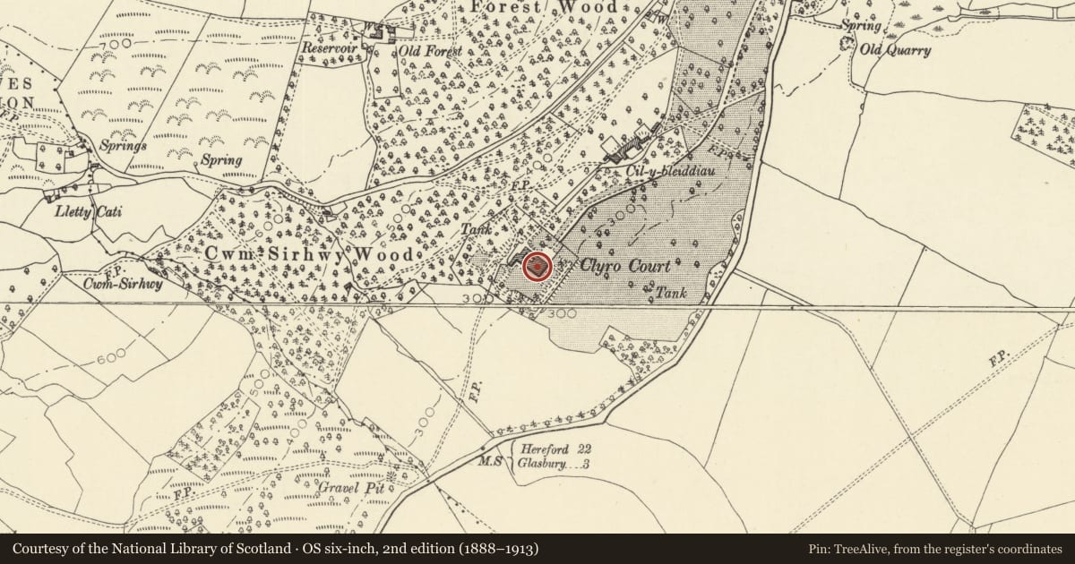 Ordnance Survey six-inch map, 2nd edition (1888–1913) covering the location of Baskerville Hall Hotel (formerly known as Clyro Court), Powys, with a pin at the register's coordinates