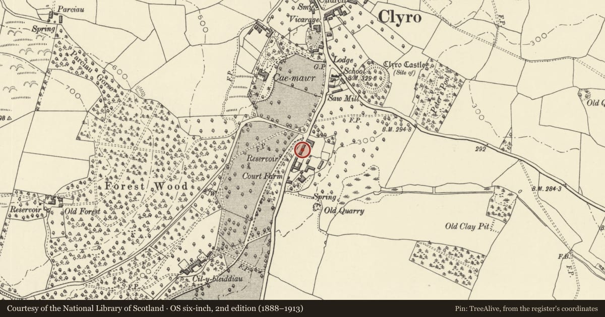 Ordnance Survey six-inch map, 2nd edition (1888–1913) covering the location of Barn Range North of Clyro Court Farmhouse, Powys, with a pin at the register's coordinates