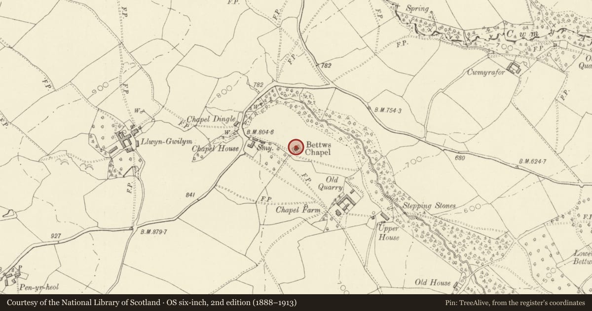 Ordnance Survey six-inch map, 2nd edition (1888–1913) covering the location of Church of Holy Trinity (Chapel of ease to St Michael and All Angels, Clyro), Powys, with a pin at the register's coordinates