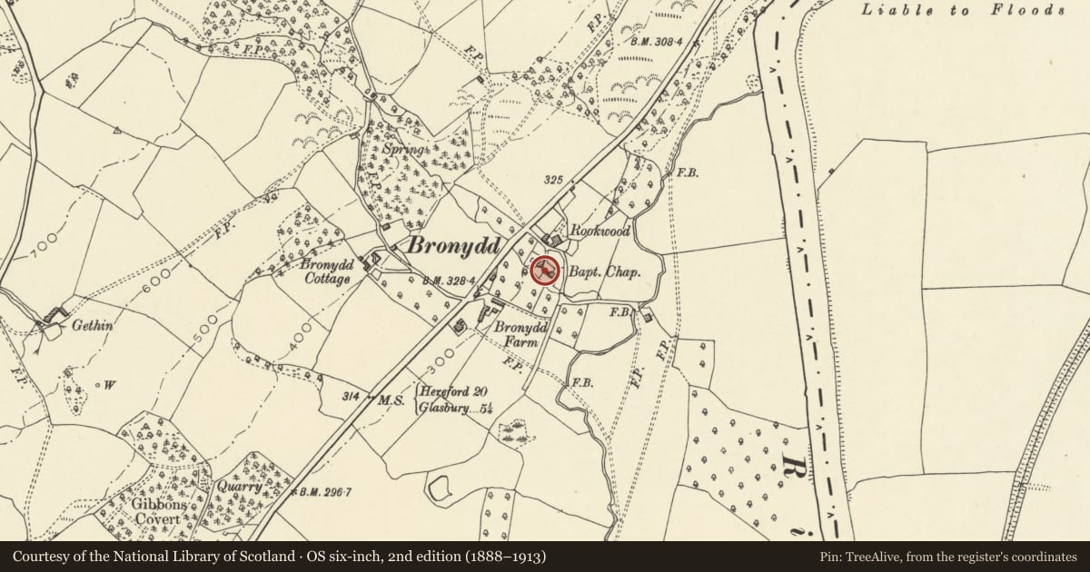Ordnance Survey six-inch map, 2nd edition (1888–1913) covering the location of Bronydd Baptist Chapel, Clyro, Powys, with a pin at the register's coordinates