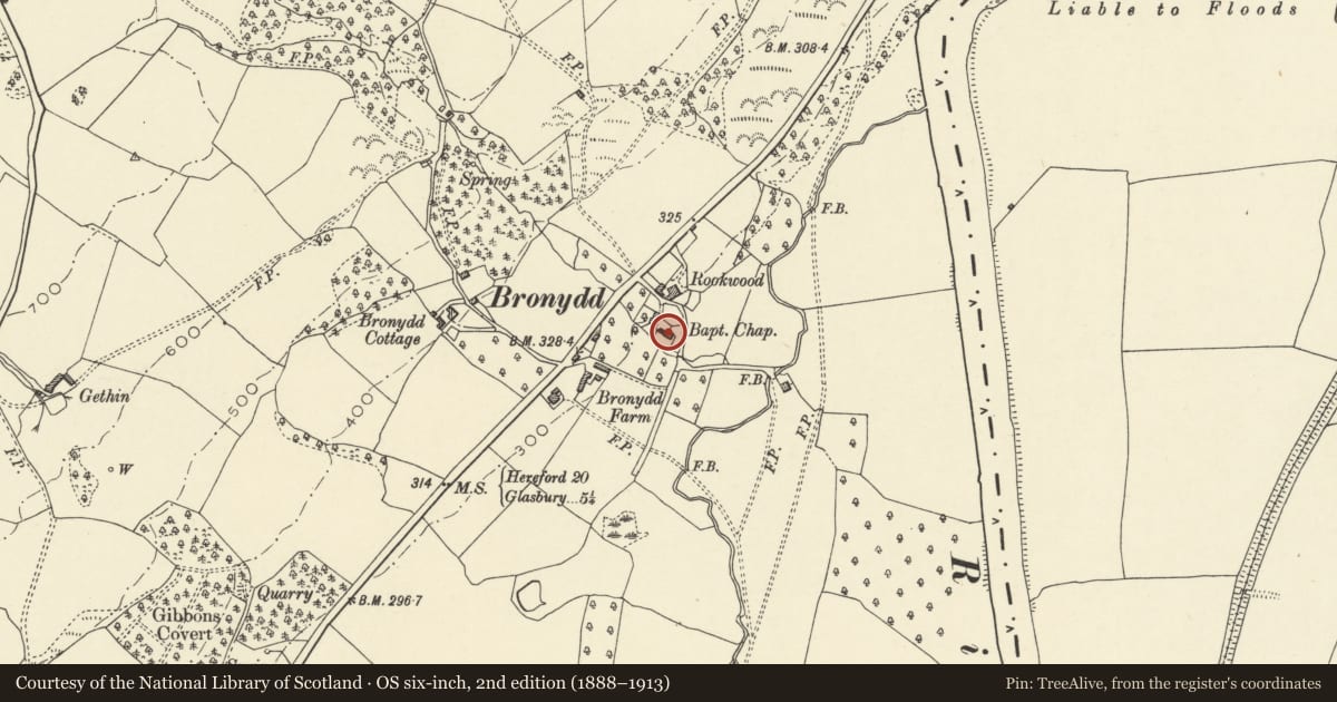 Ordnance Survey six-inch map, 2nd edition (1888–1913) covering the location of Attached chapel cottage (also known as Rookwood Cottage), Clyro, Powys, with a pin at the register's coordinates