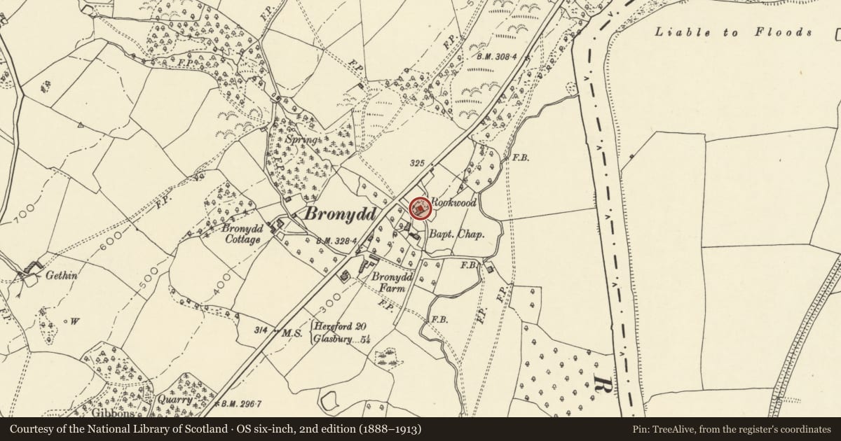 Ordnance Survey six-inch map, 2nd edition (1888–1913) covering the location of Rookwood, Clyro, Powys, with a pin at the register's coordinates