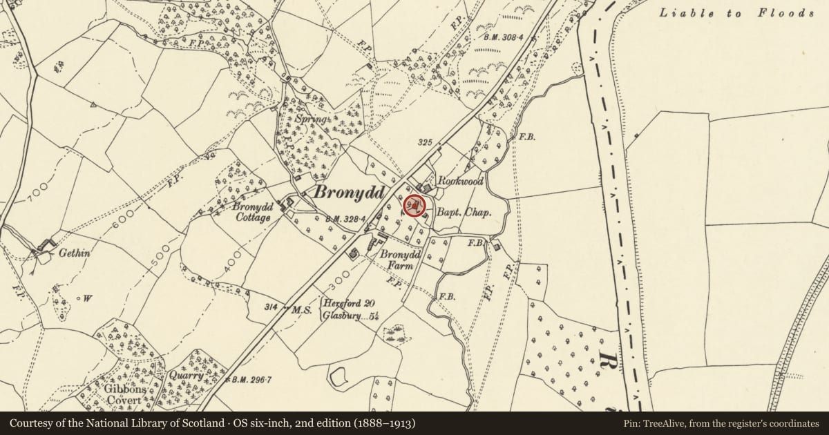 Ordnance Survey six-inch map, 2nd edition (1888–1913) covering the location of Summerhouse in grounds of Rookwood, Clyro, Powys, with a pin at the register's coordinates