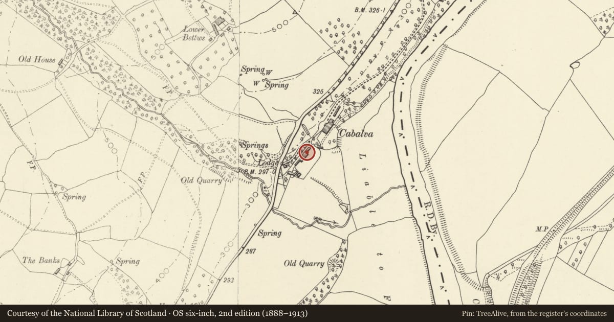 Ordnance Survey six-inch map, 2nd edition (1888–1913) covering the location of Stables at Cabalva House, Clyro, Powys, with a pin at the register's coordinates
