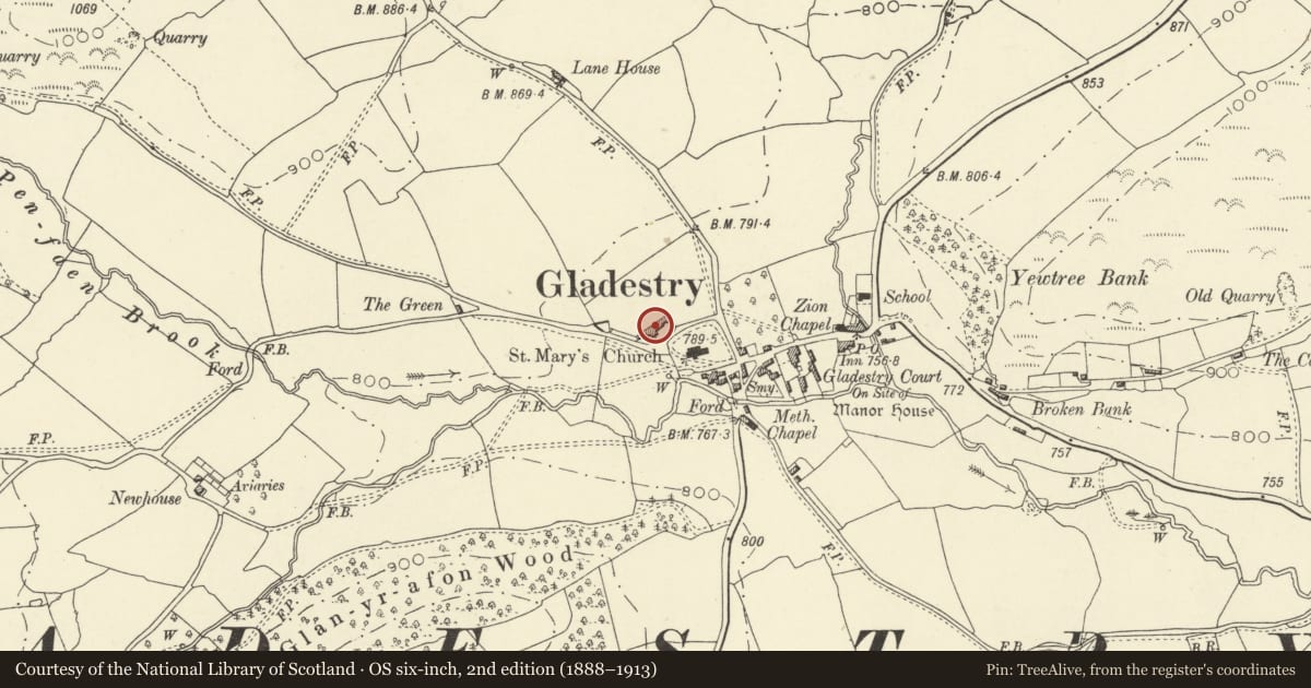 Ordnance Survey six-inch map, 2nd edition (1888–1913) covering the location of Old Tithe Barn (belonging to Gladestry Court), Powys, with a pin at the register's coordinates