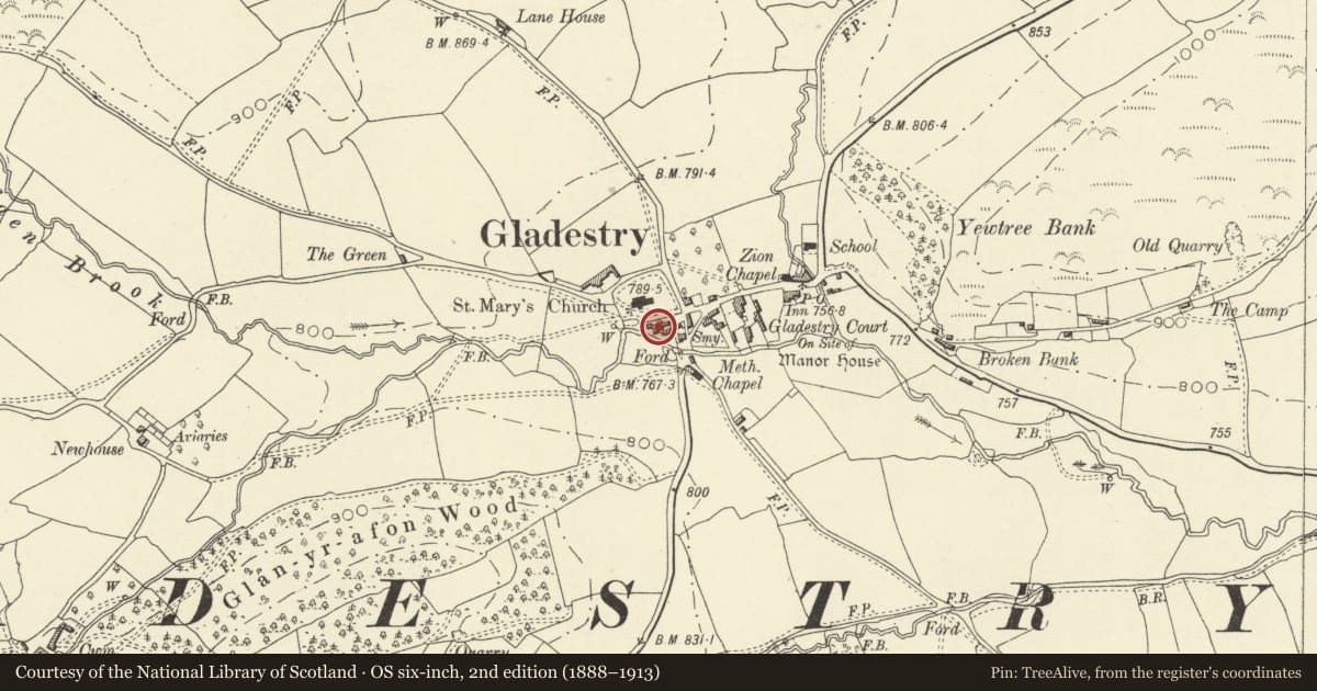 Ordnance Survey six-inch map, 2nd edition (1888–1913) covering the location of The White Heart, Gladestry, Powys, with a pin at the register's coordinates