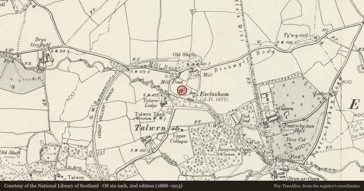 Ordnance Survey six-inch map, 2nd edition (1888–1913) covering the location of Esclusham Hall, Wrexham, with a pin at the register's coordinates
