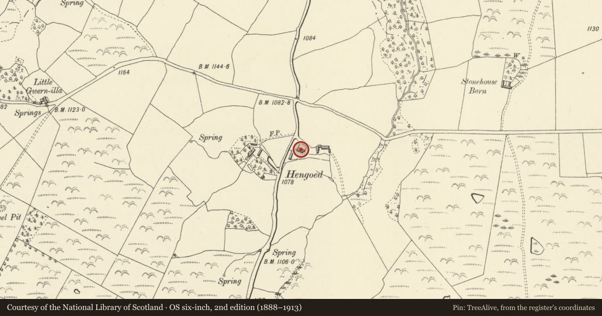 Ordnance Survey six-inch map, 2nd edition (1888–1913) covering the location of Lower Hengoed, Gladestry, Powys, with a pin at the register's coordinates