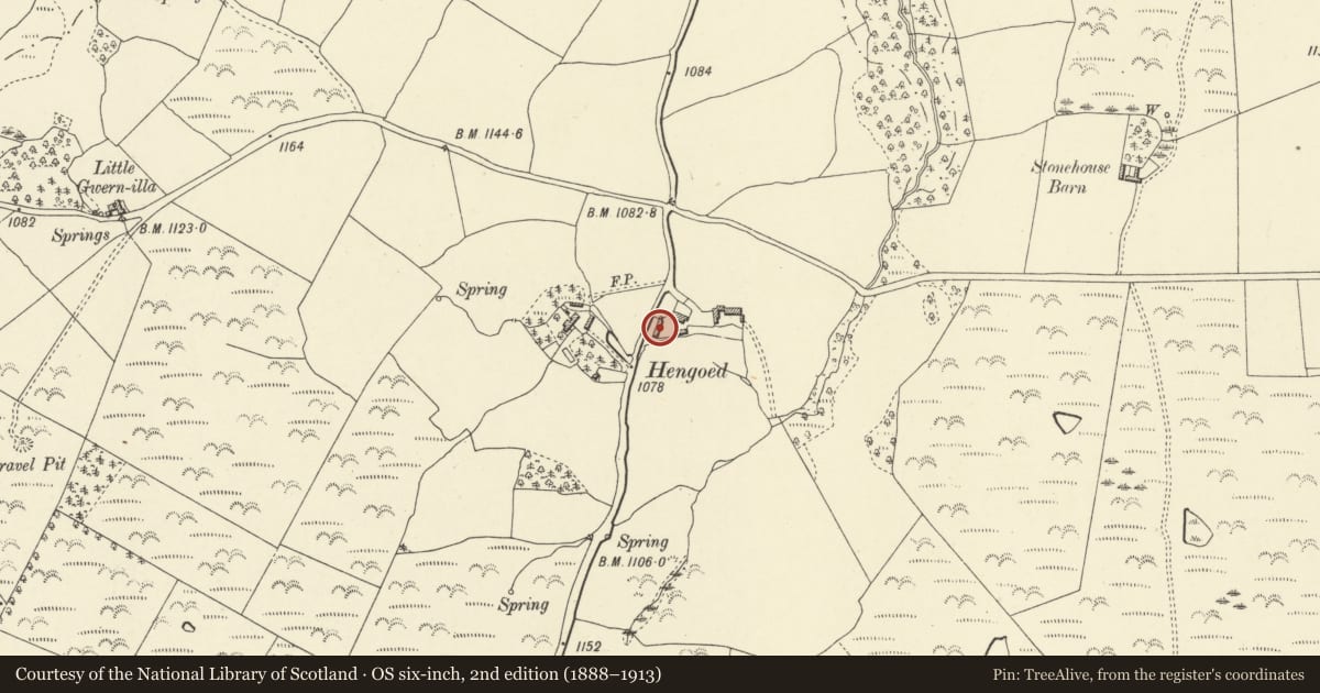 Ordnance Survey six-inch map, 2nd edition (1888–1913) covering the location of Barn at Lower Hengoed, Gladestry, Powys, with a pin at the register's coordinates