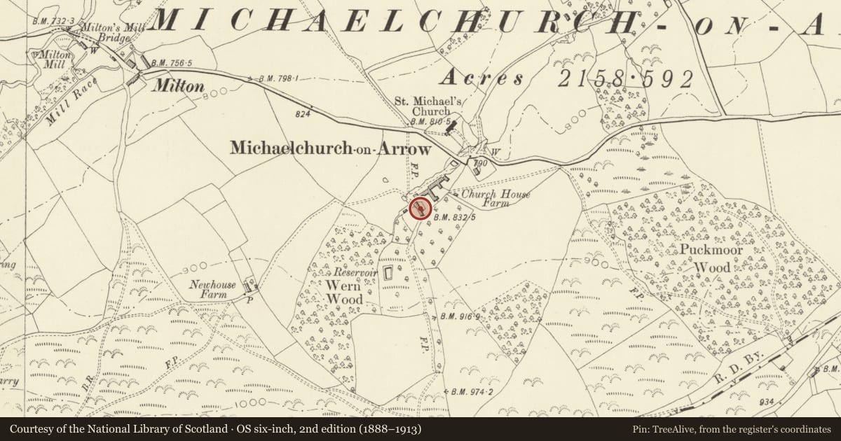 Ordnance Survey six-inch map, 2nd edition (1888–1913) covering the location of Church House Farmhouse, Gladestry, Powys, with a pin at the register's coordinates