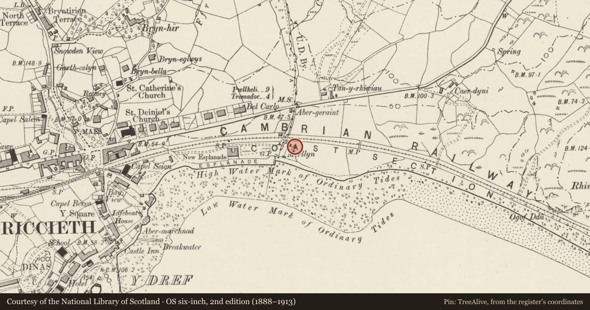 Ordnance Survey six-inch map, 2nd edition (1888–1913) covering the location of Morannedd Cafe, Criccieth, Gwynedd, with a pin at the register's coordinates