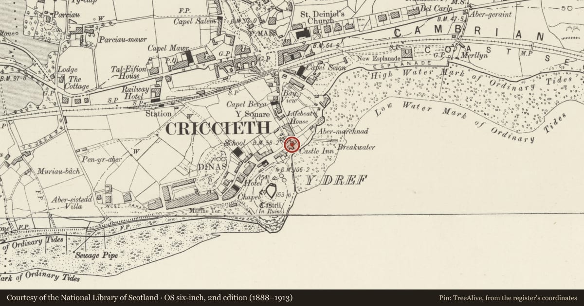 Ordnance Survey six-inch map, 2nd edition (1888–1913) covering the location of 4 Castle Street/Ffordd Castell, Criccieth, Gwynedd, with a pin at the register's coordinates