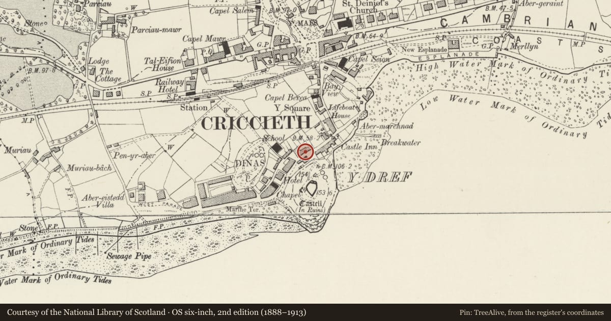 Ordnance Survey six-inch map, 2nd edition (1888–1913) covering the location of 27 Castle Street/Ffordd Castell, Criccieth, Gwynedd, with a pin at the register's coordinates