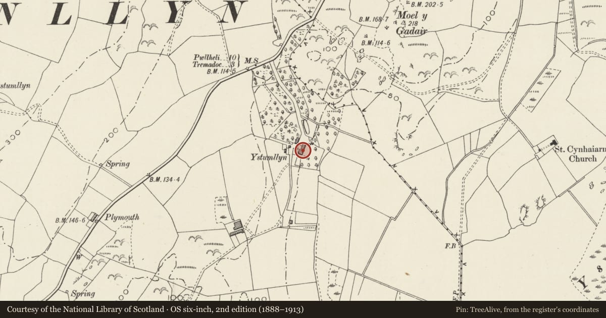 Ordnance Survey six-inch map, 2nd edition (1888–1913) covering the location of Ystumllyn, Criccieth, Gwynedd, with a pin at the register's coordinates