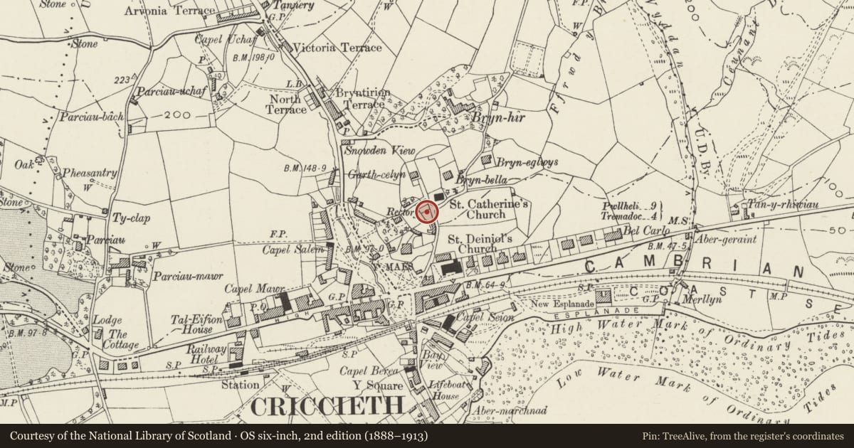 Ordnance Survey six-inch map, 2nd edition (1888–1913) covering the location of Hafod y Bryn, Criccieth, Gwynedd, with a pin at the register's coordinates