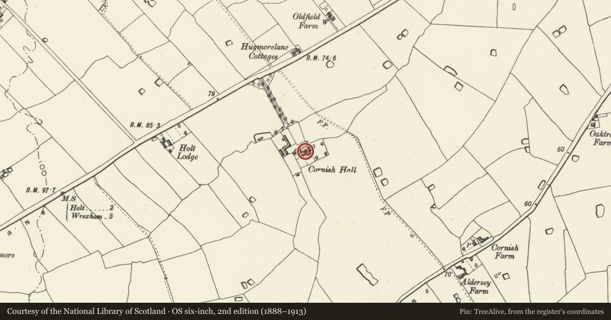 Ordnance Survey six-inch map, 2nd edition (1888–1913) covering the location of Cornish Hall, Holt, Wrexham, with a pin at the register's coordinates