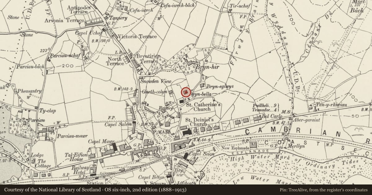 Ordnance Survey six-inch map, 2nd edition (1888–1913) covering the location of Bryn Henllan, Criccieth, Gwynedd, with a pin at the register's coordinates