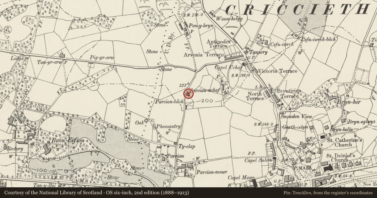 Ordnance Survey six-inch map, 2nd edition (1888–1913) covering the location of Walls, Gatepiers and Gates enclosing the Memorial Garden at Bryn Awelon, Criccieth, Gwynedd, with a pin at the register's coordinates